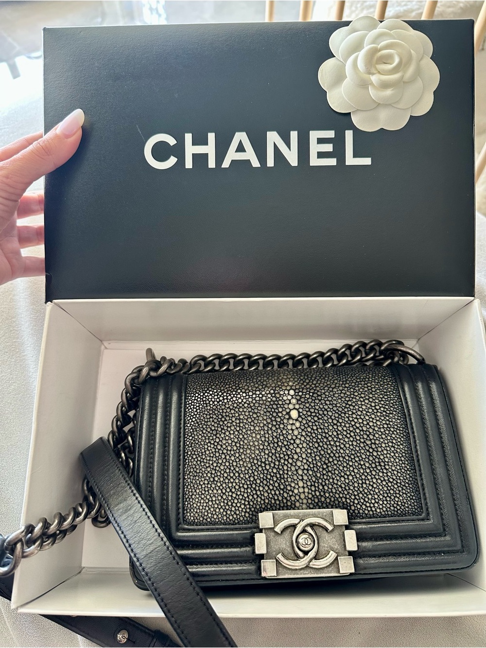 CHANEL Black Stingray-Textured Boy Crossbody with Silver Hardware